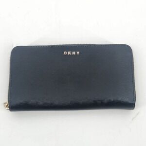 DKNY Black Saffiano Leather Zip Around Continental Wallet Gold Hardware Logo